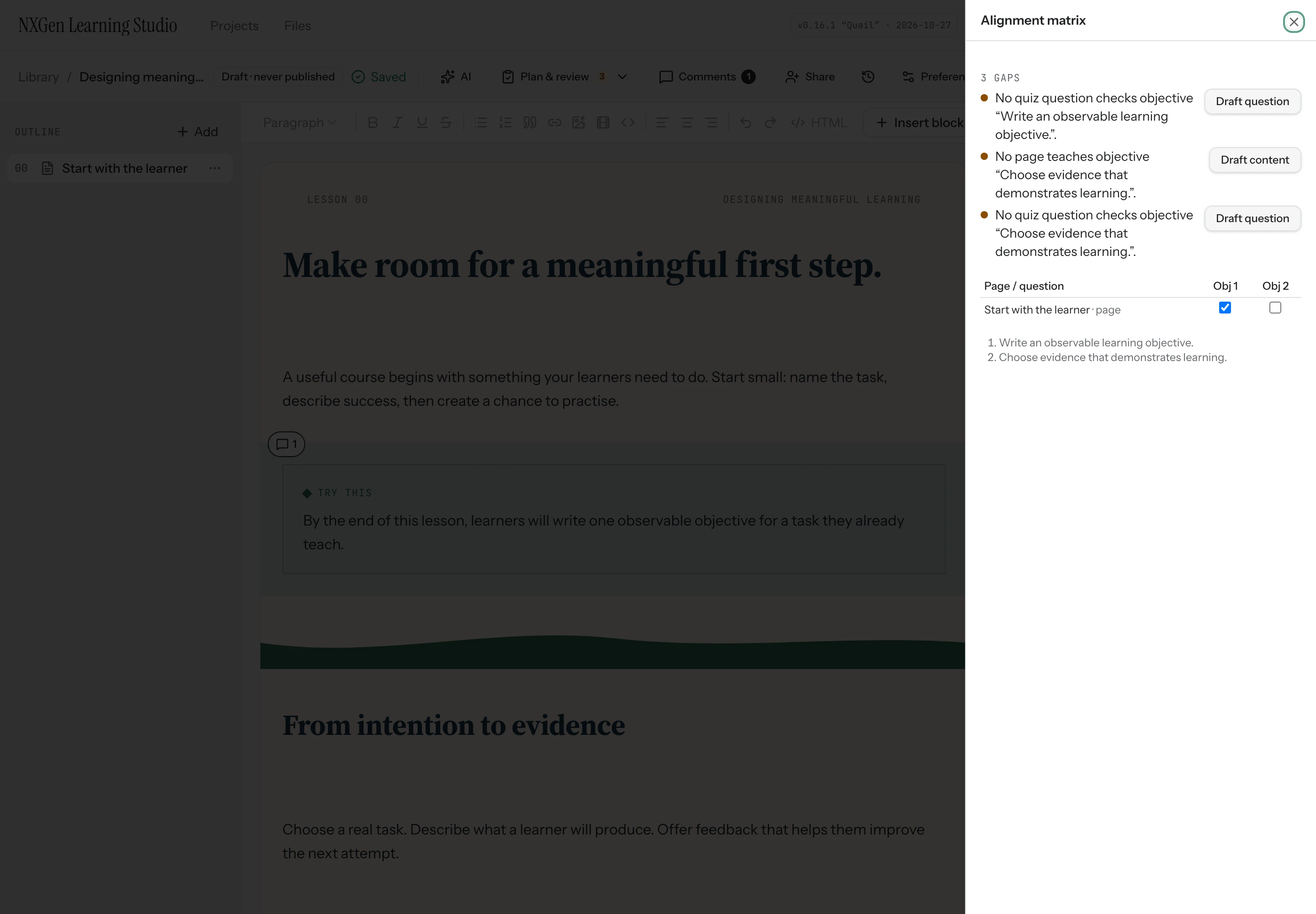 The objective alignment matrix showing page coverage and assessment gaps.