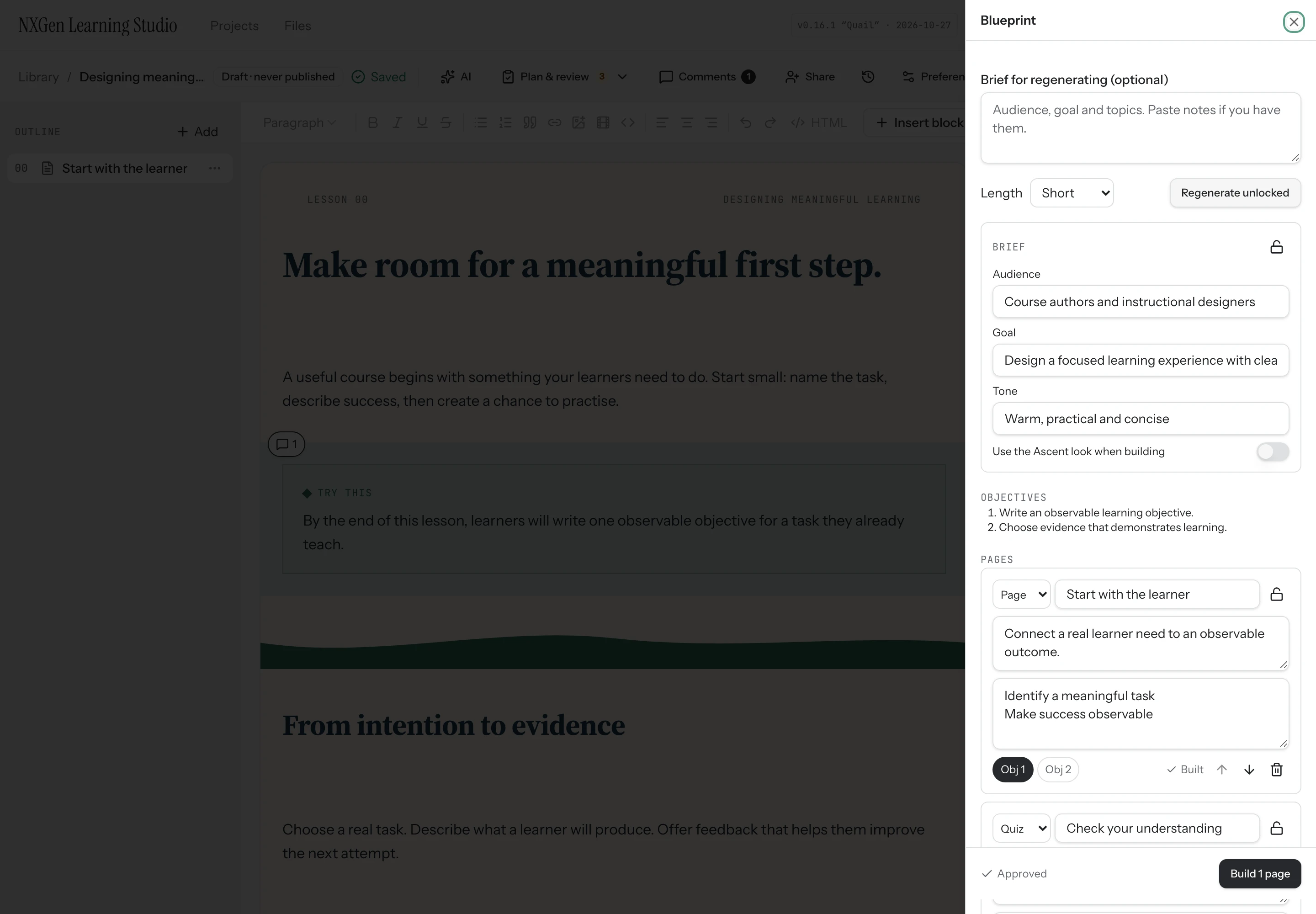 The approved workshop blueprint with audience, goal, and planned pages.