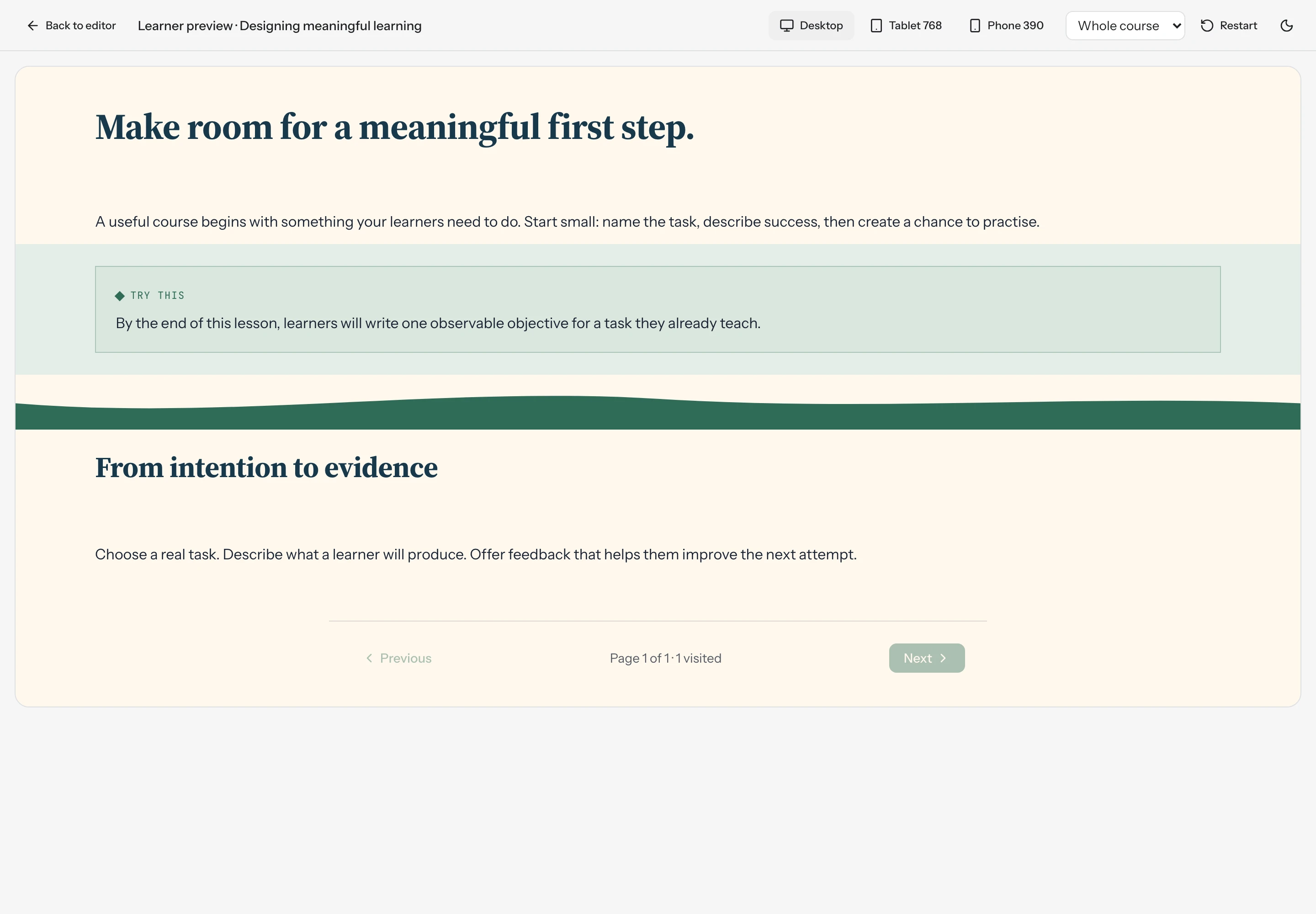 The authored workshop page in learner preview.