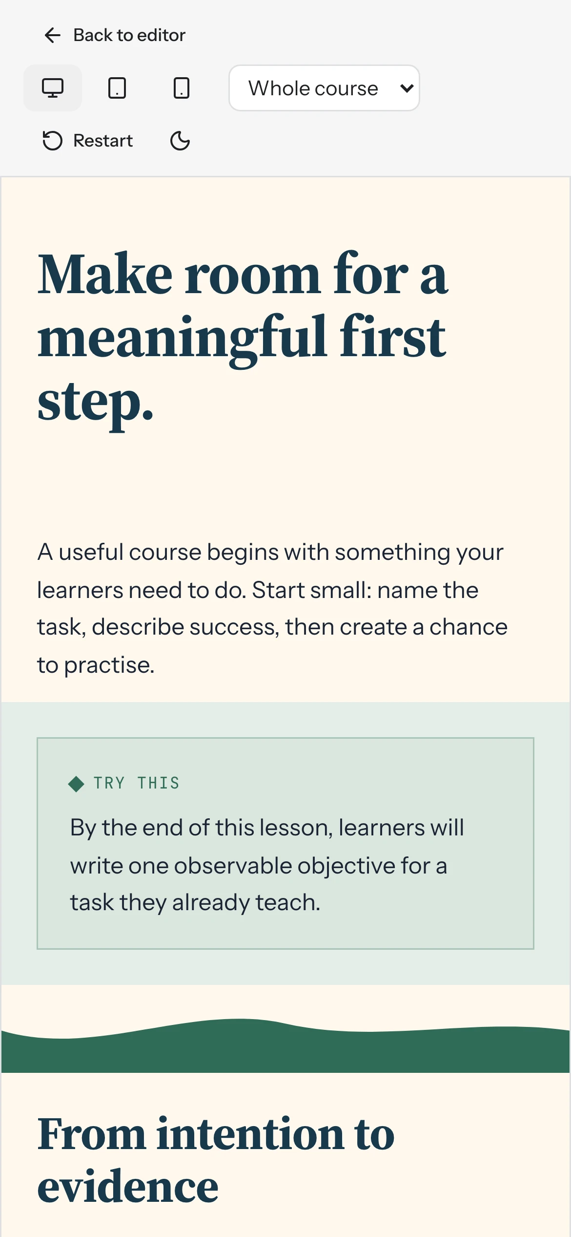 The authored workshop page in phone learner preview.