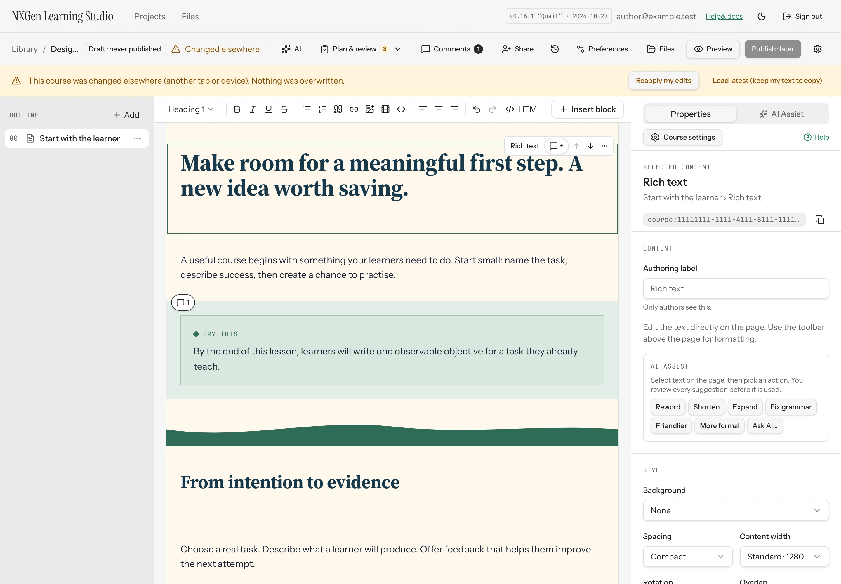 A version conflict banner offering recovery actions while preserving local text.