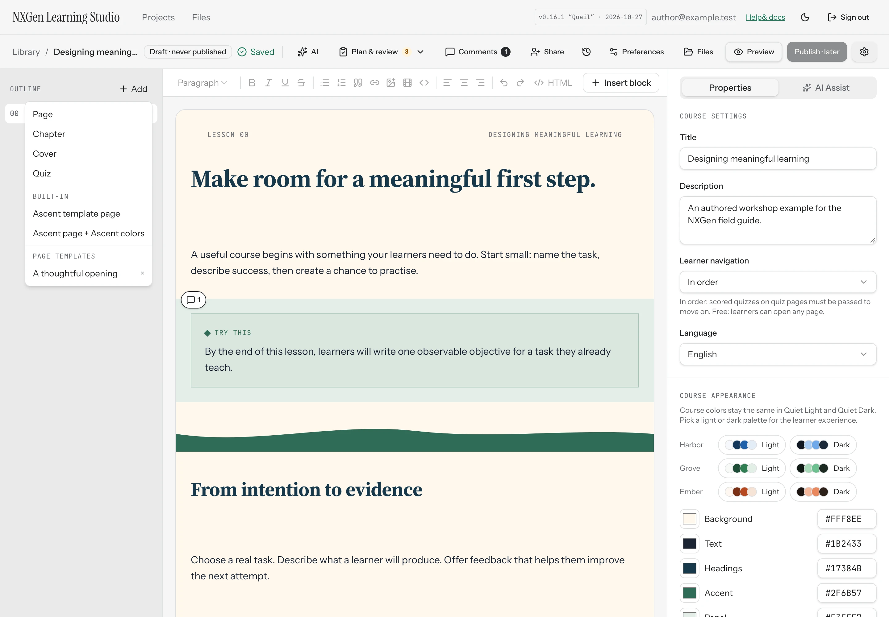 The outline Add menu with a saved page template.